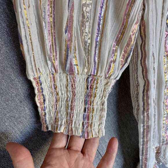 Sea New York Cream Metallic Striped Eyelet Ruffle Long Puff Sleeve Short Dress - Picture 8 of 17